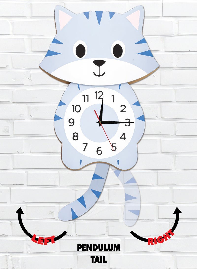 A wall clock with a moving pendulum in the shape of a white cat, featuring an attractive design, reliable quality, soothing colors, silent movement, and easy hanging to suit all tastes. - Image 1